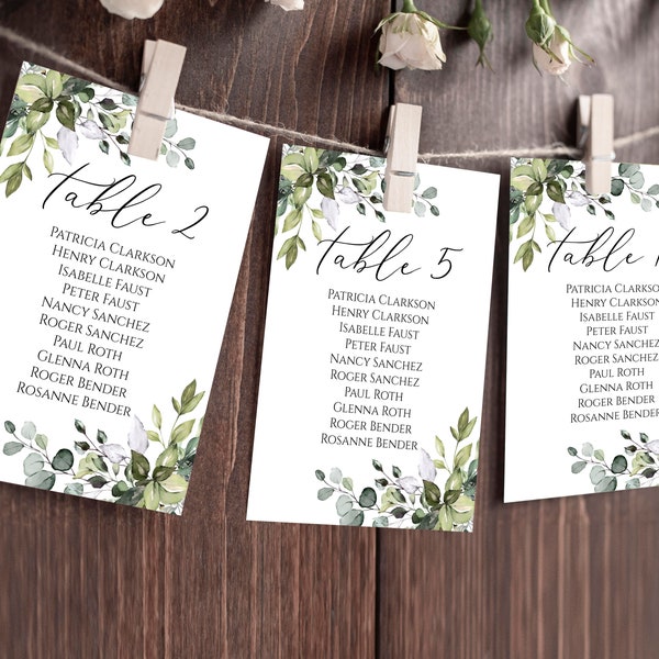 Eucalyptus Wedding seating chart template Editable 4x6 5x7 cards TEMPLETT Printable greenery table plan sign Instant download