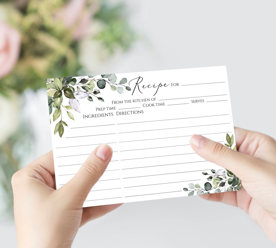 Eucalyptus Recipe cards 4x6 template for Bridal Shower Blank Etsy