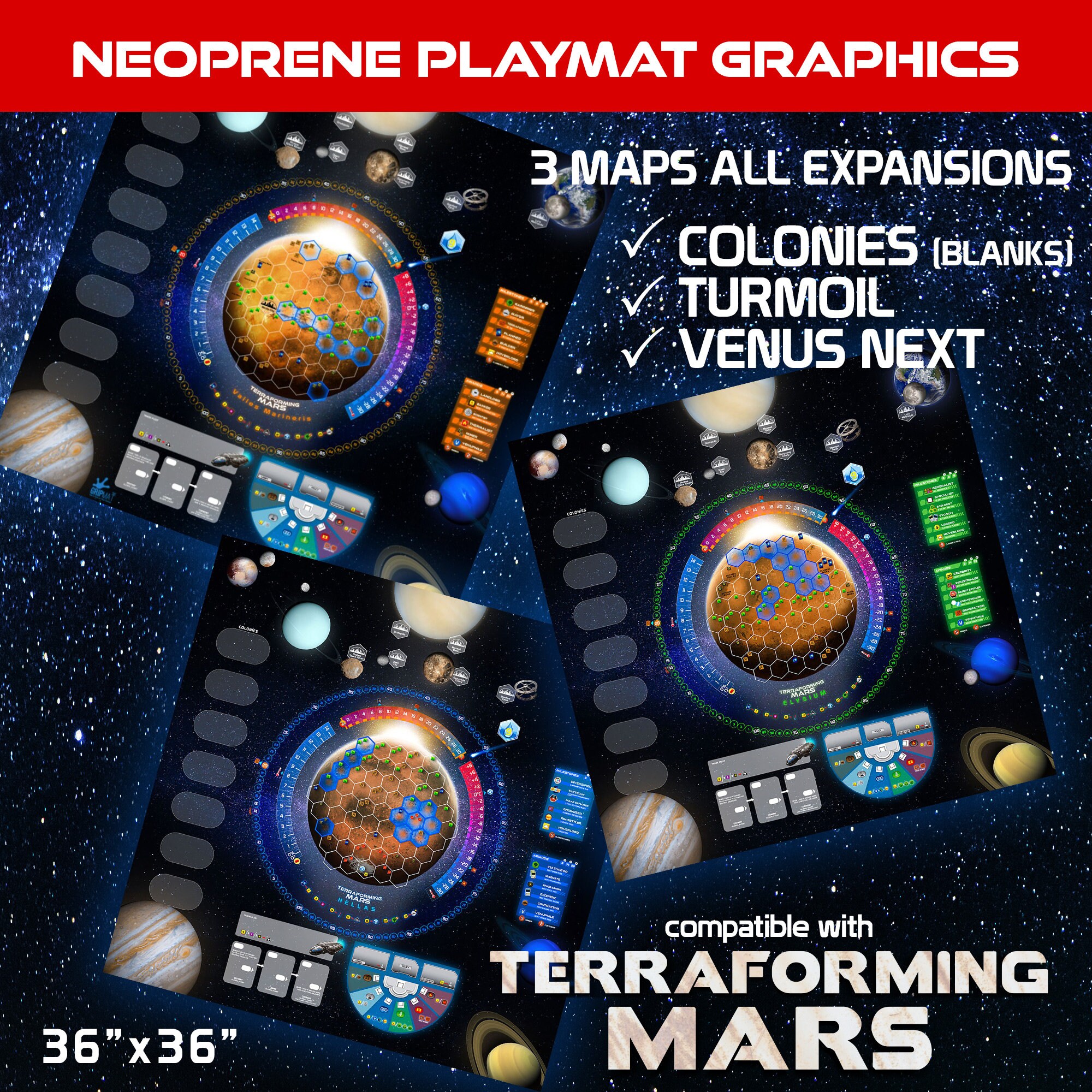 Terraforming Mars Compatible 3 Map Bundle - with Colonies, Turmoil and Venus Next Expansions - 36x36