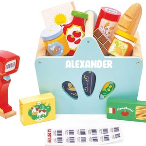 Wooden Grocery Basket with Play Food and Wooden Scanner image 1