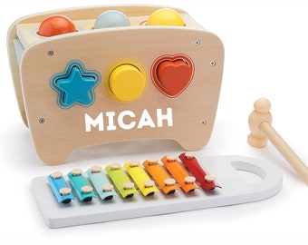 Wooden 3-in-1 Pounding Bench with Xylophone and Shape Sorter -Personalized