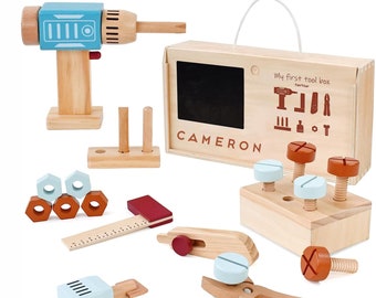 Personalized Wooden Tool Box: Montessori Toy Tool Set for Toddlers
