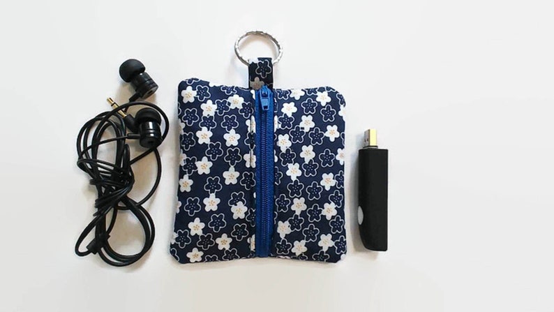 Handmade Square Earphone or Cable Pouch in a Navy Blue Floral Fabric with FREE Eco Packaging