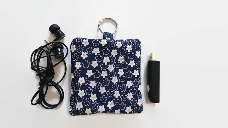 Handmade Square Earphone or Cable Pouch in a Navy Blue Floral Fabric with FREE Eco Packaging