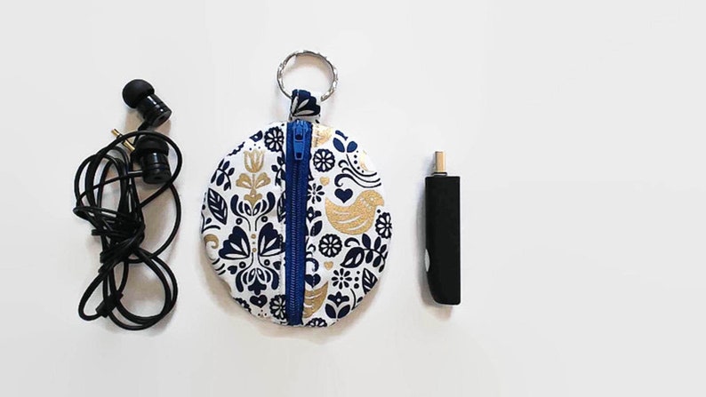 Handmade Square Earphone or Cable Pouch in a Navy Blue Floral Fabric with FREE Eco Packaging