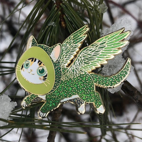 Flying Avocado Cat,  FAC Mascot Promotional Pins, Glow in the Dark Glitter Hard Enamel Pin