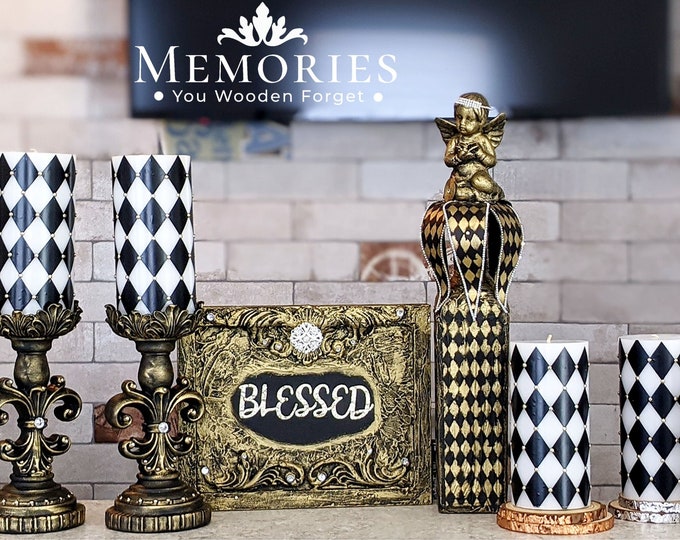 Whimsical Painted Large Candle Holder, Checkered Decor, Damage Candle