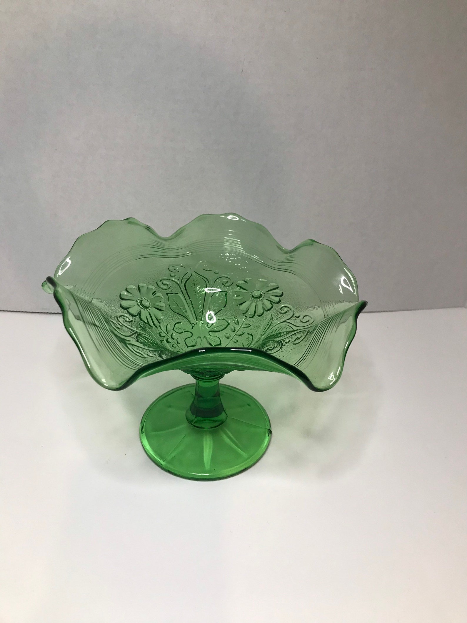 Green Glass Pedestal Candy Dish with floral design Etsy