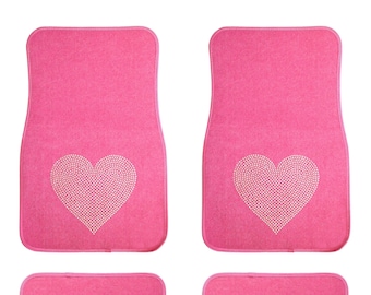 Heart Universal Fit Front/Rear 4-Piece Full Set Crystal Bling Sequins Studded Carpet Car SUV Truck Floor Mats For Women & Unisex