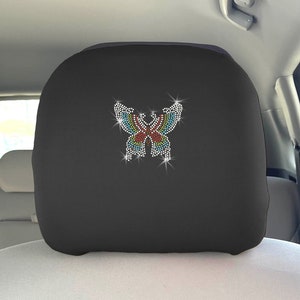 2 Pcs Rainbow Butterfly Car Universal Head Rest Cover Crystal Rhinestone Beautiful Swarovski Unisex Neosupreme Anti Slip Design for Women
