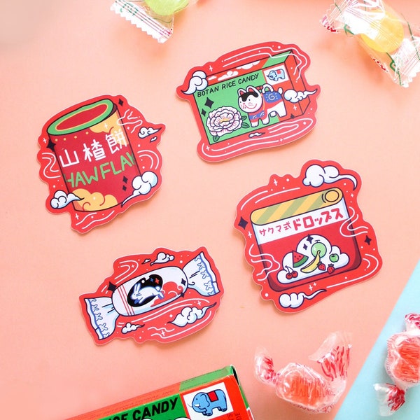 Asian Candies Sticker, White Rabbit Candy, Haw Flakes, Botan Rice, Sakuma Drop - Nostalgic Chinese Japanese Food Art, AAPI Snacks