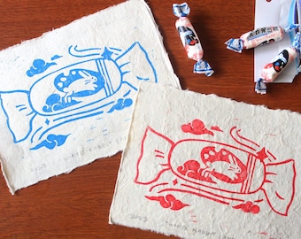 White Rabbit Linocut Print, Asian Snack, Handmade Wall Art