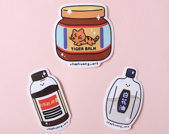 Asian Medicine Sticker Set - Tiger Balm, White Flower Oil, Honey Loquat Syrup