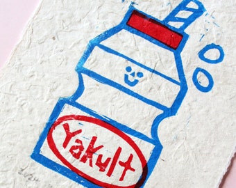 Yakult Art Print - Original Handmade Blockprint, AAPI Asian Food Illustration, Cute Japanese Yogurt Snack