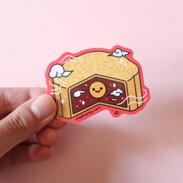 Mooncake Sticker, Mid Autumn Festival Gift,  Chinese AAPI Food Art, Cute Vinyl Glossy or Transparent Sticker