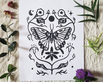 Black and White Moth Art Blank Fine Art Greeting Card 4x6 Cecropia Moth Linocut Print Reproduction