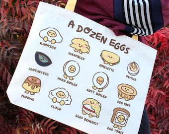 Egg Tote Bag, Cute Grocery Food Bag, Large Canvas Tote, Gift For Egg Lover