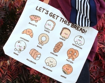 Let's Get This Bread Bakery Canvas Tote Bag, Cute Bread, Zippered Grocery Bag