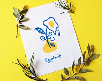 Egg Art Print Linocut, Eggplant Blockprint, Punny Handprinted 8 x 10 Poster, Plant Lover, Funny Cute Flower Gift, Floral Nature Wall Decor