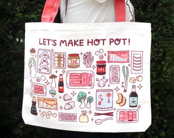 Hot Pot Tote Bag, Asian Sauces Grocery Bag, Cute Food Tote With Hand Drawn Illustrations