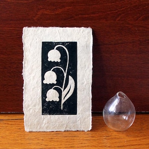 Lily of the Valley Flower Linocut Art Print, Small Blockprint, Black Handmade Plant Gift, Rectangle Floral Nature Lover