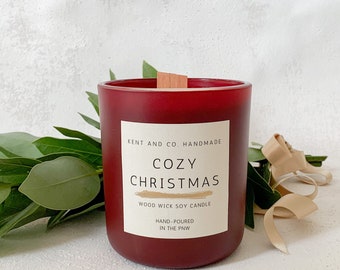 Cozy Christmas Wood Wick Soy Candle | Pine Spiced Citrus and Fireplace Scented | Natural Soy Wax | Holiday Gift | Essential Oil Infused