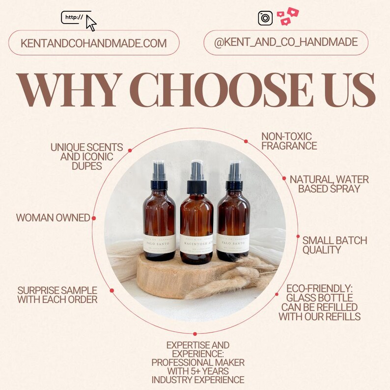 May include: Three amber glass spray bottles with black spray nozzles are displayed on a wooden surface. The image includes text that reads "WHY CHOOSE US" and highlights features like "Unique Scents", "Non-Toxic Fragrance", and "Eco-Friendly". The website and Instagram handle are also visible.