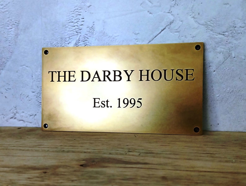 Custom brass metal house / address sign, deeply engraved real brass, with antiqued surface finish