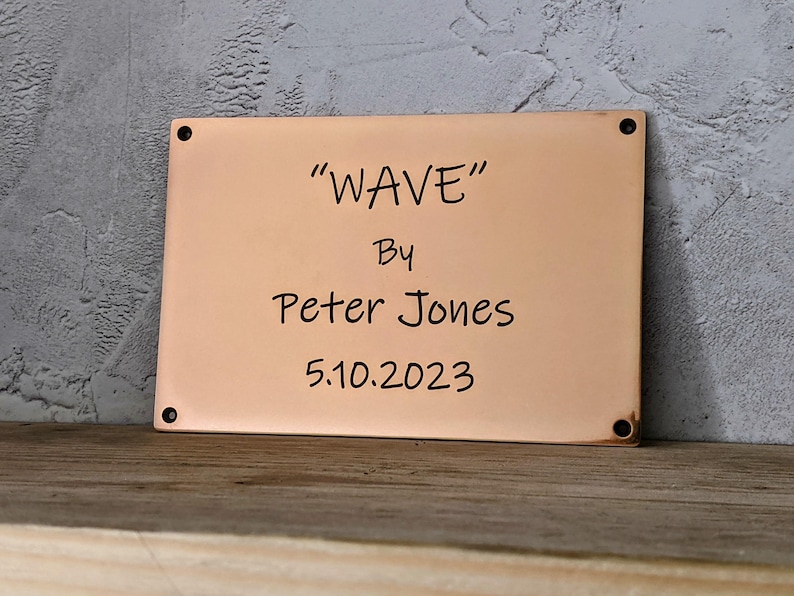 Solid bronze artist dedication plaque, artwork description and artist attribution engraved into real bronze by 3Dprintshed. Made to order.