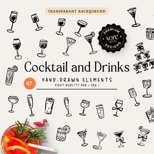May include: A collection of 47 black and white hand-drawn cocktail and drink illustrations, including various glassware shapes, a drink tower, and a single realistic image of a citrus-garnished cocktail with a pink flamingo stirrer.