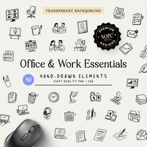 Puede incluir: Una colección de 50 iconos de oficina y trabajo dibujados a mano en blanco y negro, incluyendo ordenadores, documentos, papelería y herramientas de comunicación. El texto dice Office & Work Essentials, Hand-Drawn Elements y Premium Xore Designs.