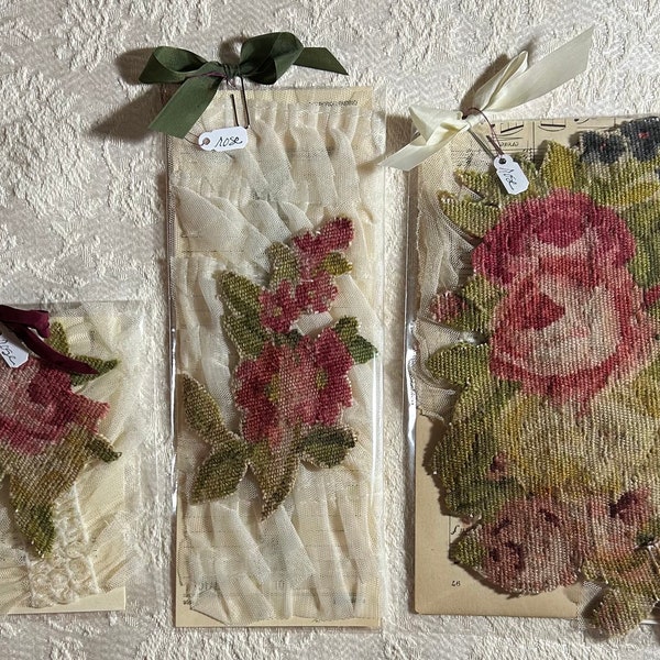 Antique Needlepoint Roses Hand Cut three sizes