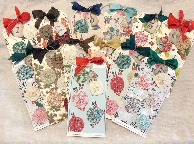 CHRISTMAS Vintage Feedsack Yo Yo\u2019s on Hand Sewn Tag