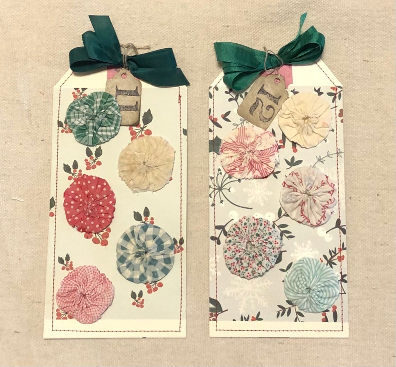 CHRISTMAS Vintage Feedsack Yo Yo\u2019s on Hand Sewn Tag