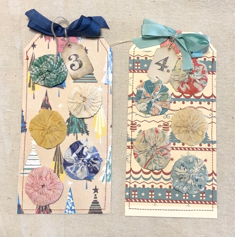 CHRISTMAS Vintage Feedsack Yo Yo\u2019s on Hand Sewn Tag