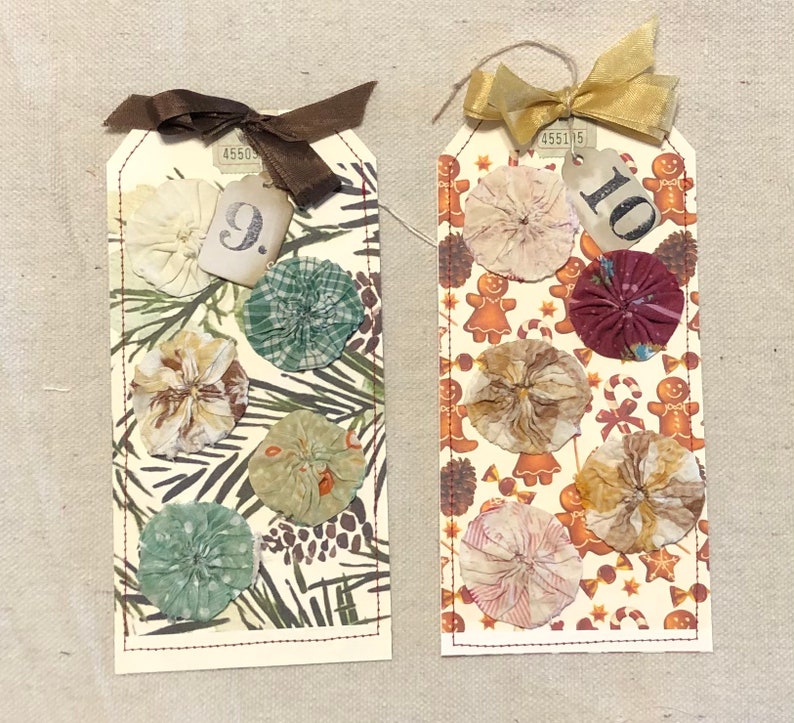 CHRISTMAS Vintage Feedsack Yo Yo\u2019s on Hand Sewn Tag
