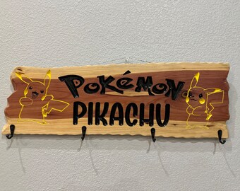 Pikachu 90's anime Engraved Wooden Key Holder, Key Hook for Wall