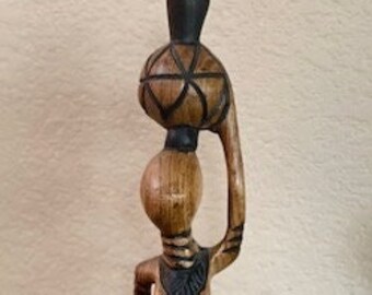 Hand Carved Wooden Tribal African Woman Figure Carrying Water Jug
