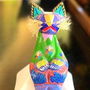 Joaquin Hernandez Vasquez Alebrije Folk Art Sitting Cat with Long Whiskers