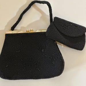 Black Beaded Evening Handbag With Mother of Pearl Trim Made in Japan Including Small Beaded Change Purse