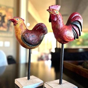 Two Unique Farmhouse Decor Rooster and Hen on Stands