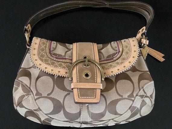 Vintage COACH SIGNATURE Brown Jacquard Canvas Leather Hobo Shoulder Bag  Purse