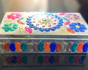 Hand Painted Mexican Folk Art Punched Tin Hinged Trinket Box