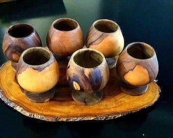 Wooden Bark Tray with Six Wooden Cordial Glasses