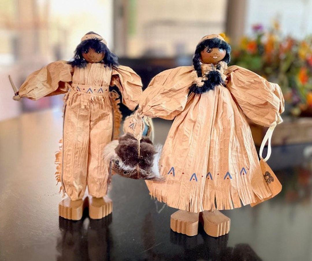A Pair of Native American Corn Husk Dolls With Yarn Hair by Lisa Deater