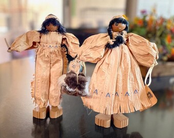 A Pair of Native American Corn Husk Dolls with Yarn Hair by Lisa Deater