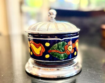 Mexican Talavera Pottery Round Trinket Dish with a Metal Lid and Base