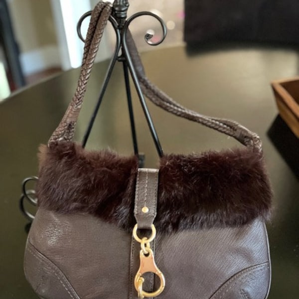 Sigrid Olsen Brown Leather Handbag with Rabbit Fur Trim