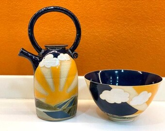 Cobalt Blue Pottery Large Bowl and Pitcher with Rounded Handle by Dang Nimchanya