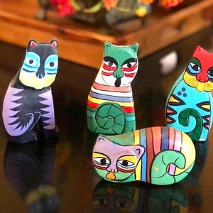 Four Hand Carved, Hand Painted Wooden Cats in Laurel Burch Style